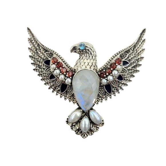 Nicky Butler RARE Gems & Moonstone Eagle Brooch Pendant with Chain .925 Silver - Picture 1 of 8